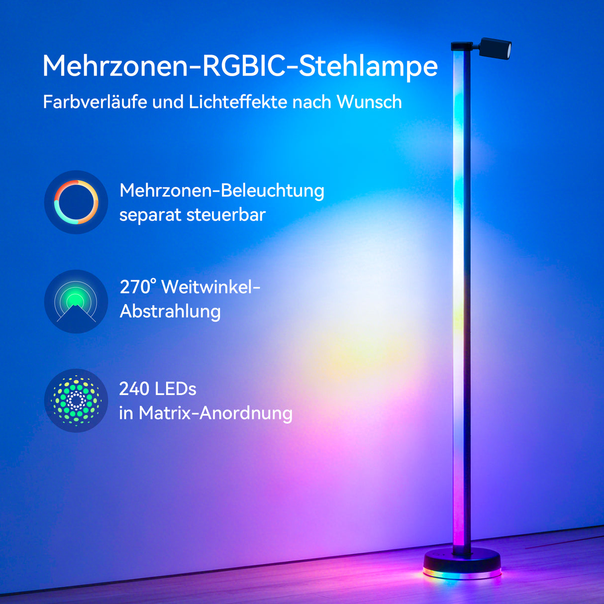 glasvilla Wohnzimmer Dimmbar mit Leselampe, RGBICWW LED Stehlampe mit Warmweiß & 16 Mio. Farben, App & Fernbedienung, 270° Licht, Musik-Sync, für Schlafzimmer Gaming, Lineora-02