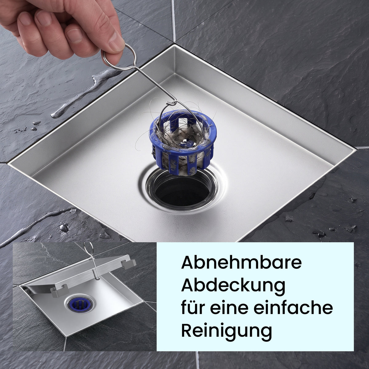 glasvilla Bodenablauf Duschablauf Edelstahl, Duschrinne quadratisch 15x15cm Duschabfluss befliesbar mit Geruchsverschluss, Haarsieb, 360°-Drehadapter, Chrom gebürstet, für Bad Dusche Balkon, KYE113-150