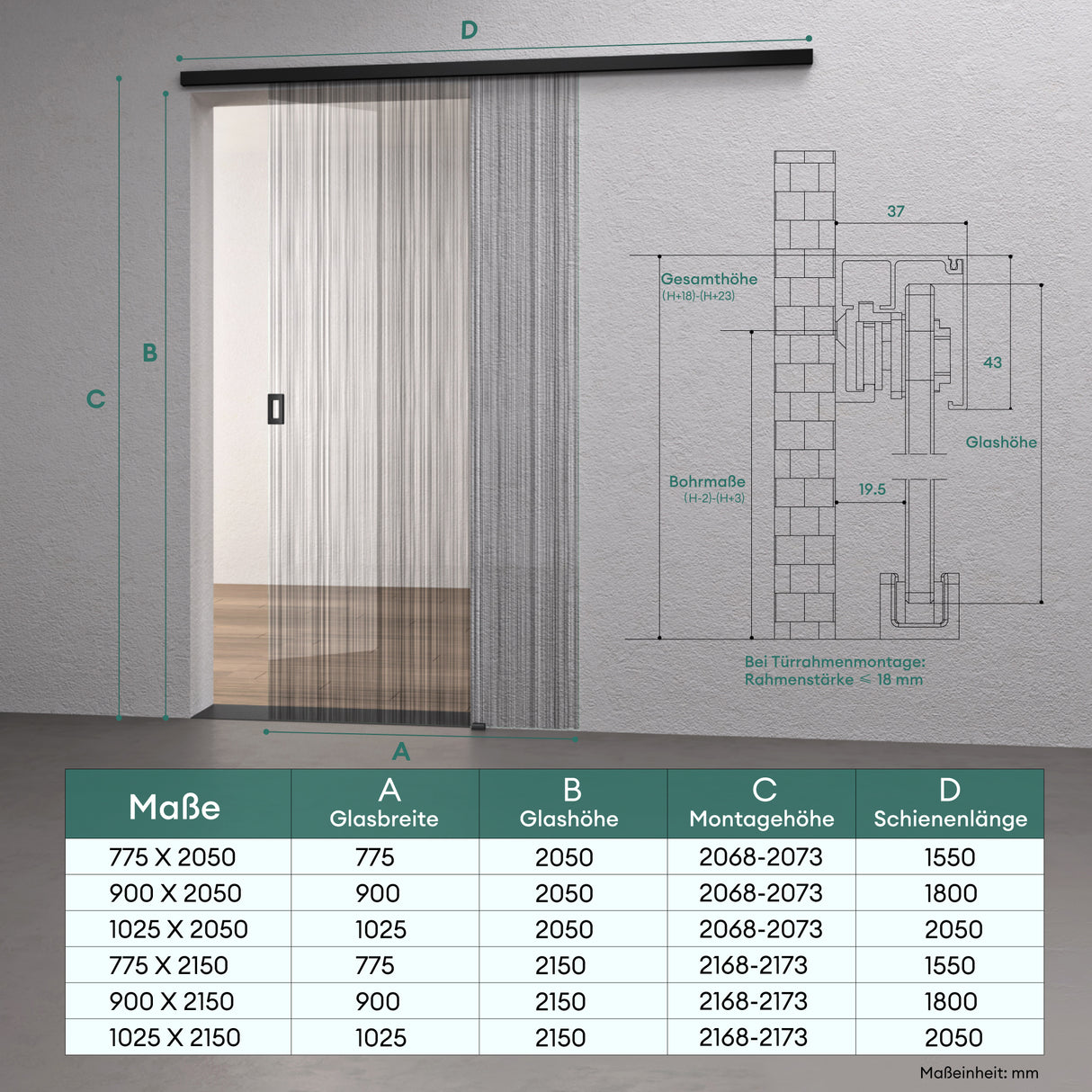 glasvilla Glasschiebetür komplettset Zimmertür Matt Schwarz 8mm ESG-Sicherheitsglas, Schiebetür Glas schwarz gebürstet mit Laufschiene aus Aluminium Muranino-001