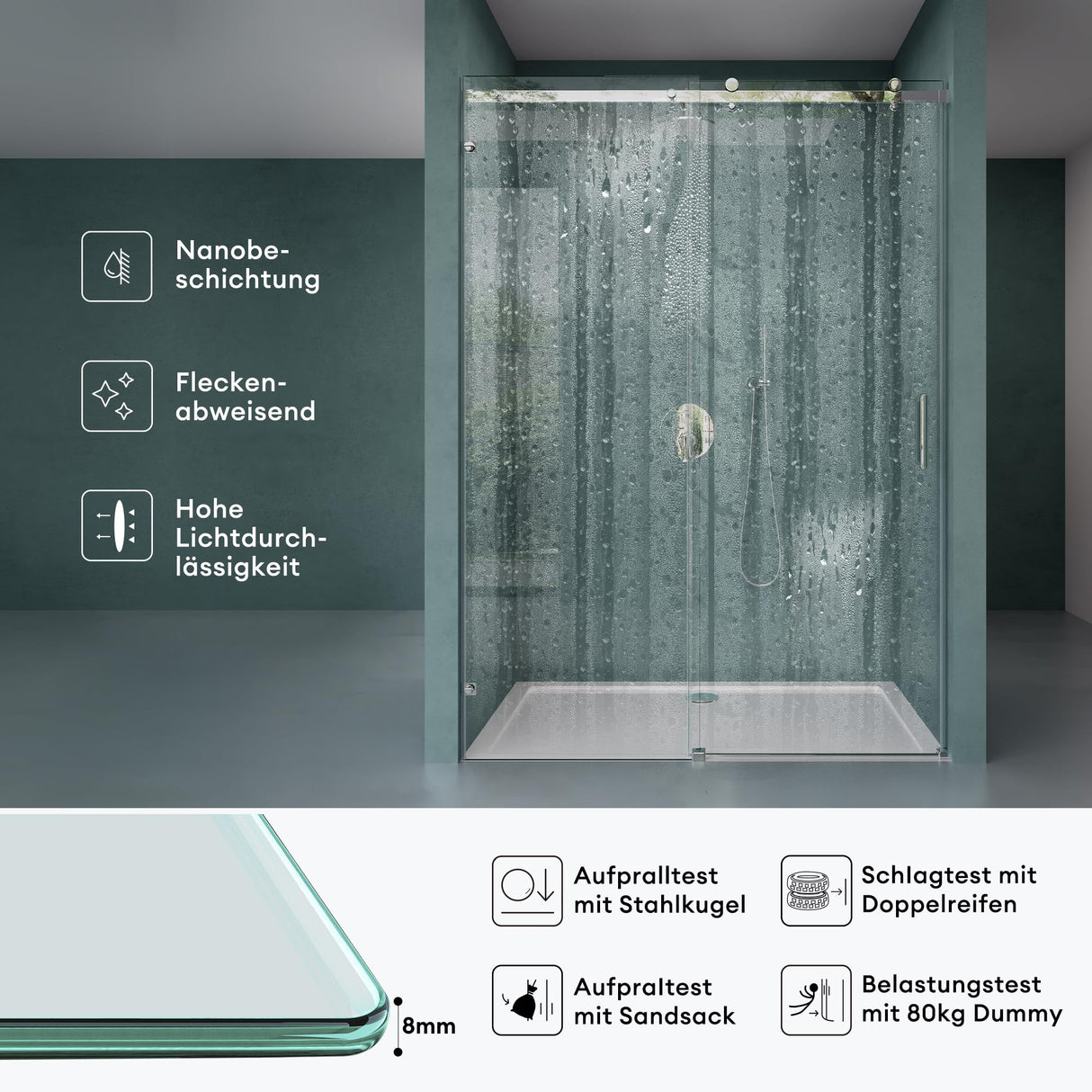 glasvilla Duschtür Nischentür dusche Duschabtrennung Duschkabine Schiebetür 8mm ESG in Klarglas mit NANO 4-Punktbefestigung Teramo04-2