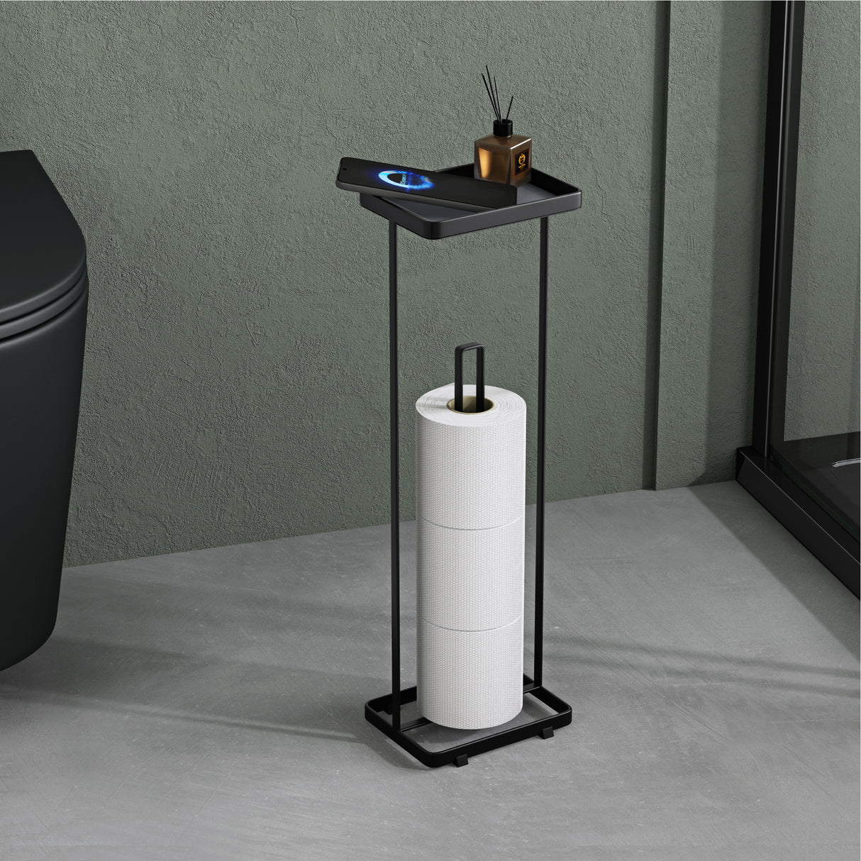 glasvilla Toilettenpapierhalter stehend mit Ablage Klorollenhalter Klopapierhalter freistehend WC Rollenhalter Toilettenständer 16x12x52cm Reglo-04