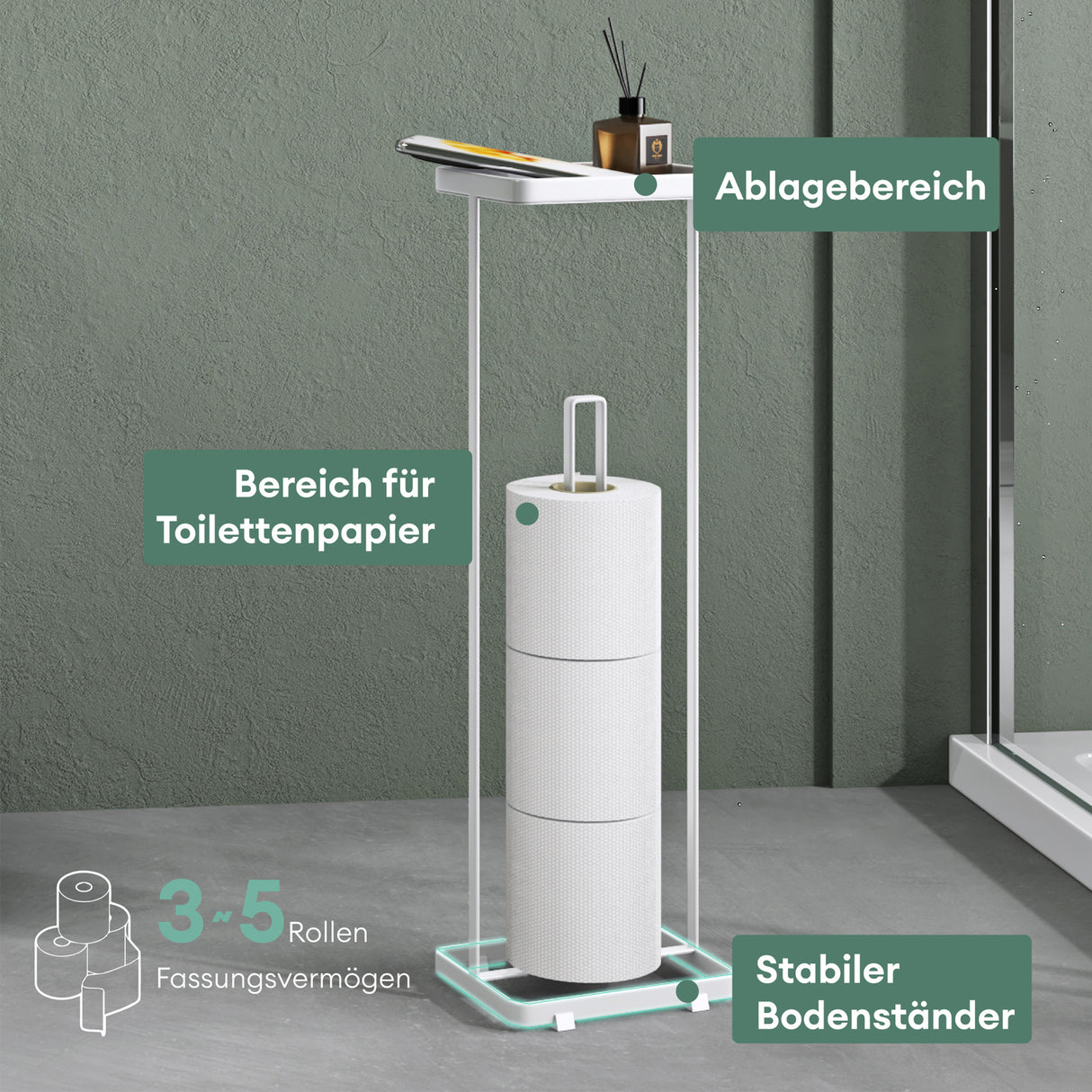 glasvilla Toilettenpapierhalter stehend mit Ablage Klorollenhalter Klopapierhalter freistehend WC Rollenhalter Toilettenständer 16x12x52cm Reglo-04