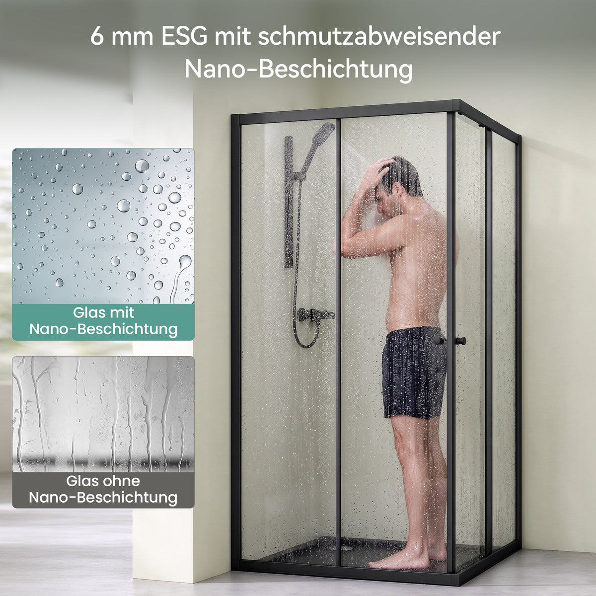 glasvilla Duschkabine mit Doppel-Schiebetür Duschtür Eckeinstieg Echtglas Lotuseffekt 6mm ESG-Sicherheitsglas Ravenna16K Schwarz