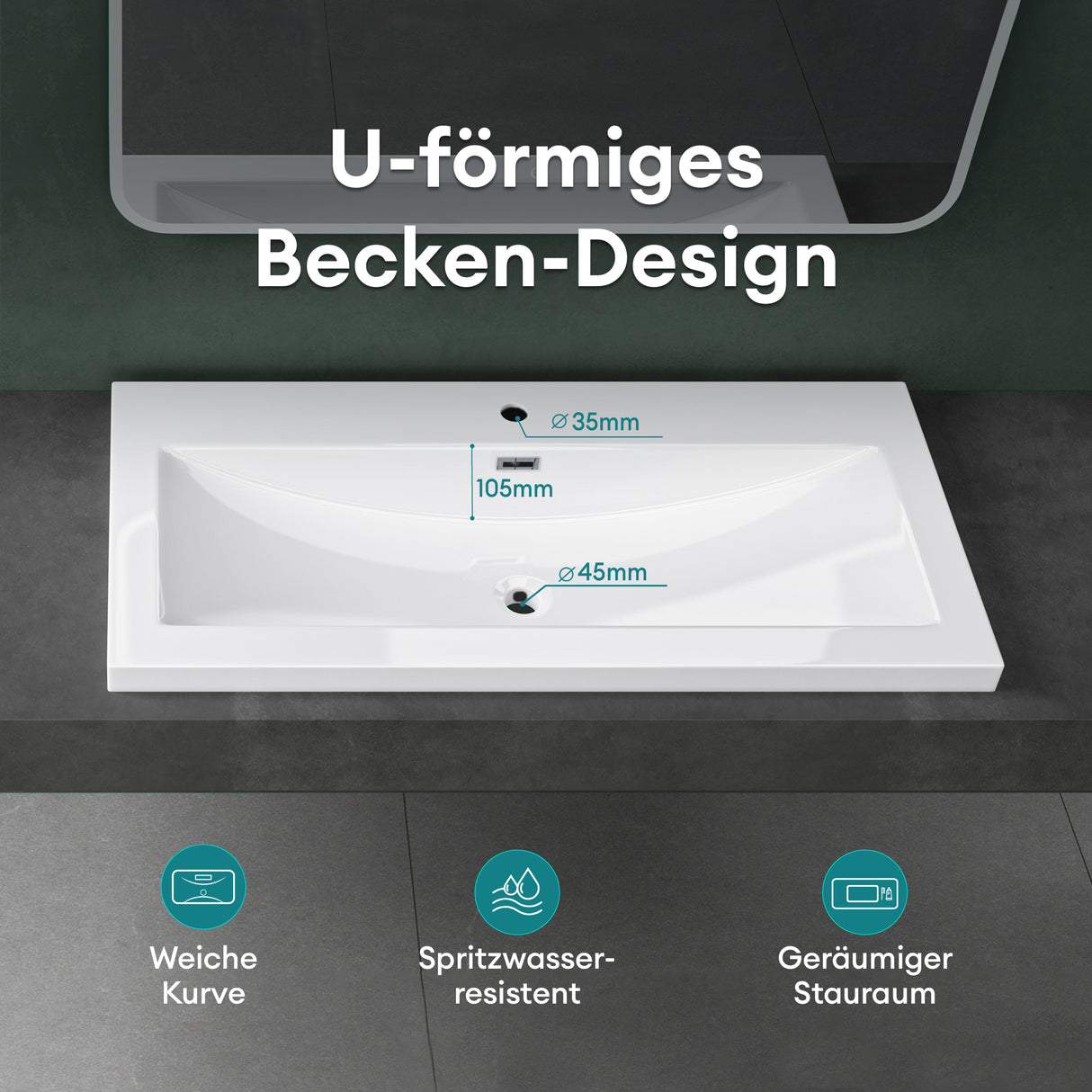 glasvilla Waschbecken Einbauwaschbecken Waschschale Waschtisch Mineralguss Rechteckig 1 Armaturenloch Überlauf-Funktion Col01