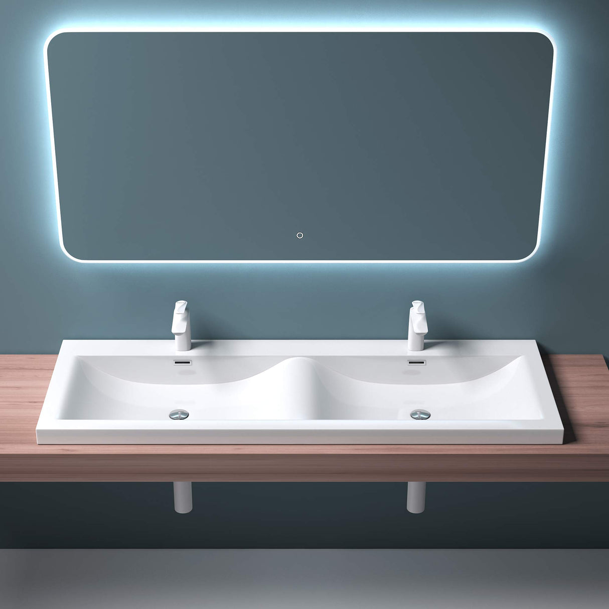 glasvilla Waschbecken Einbauwaschbecken Waschtisch 2 Becken Mineralguss rechteckig 2 Armaturenlöcher Überlauffunktion Col03