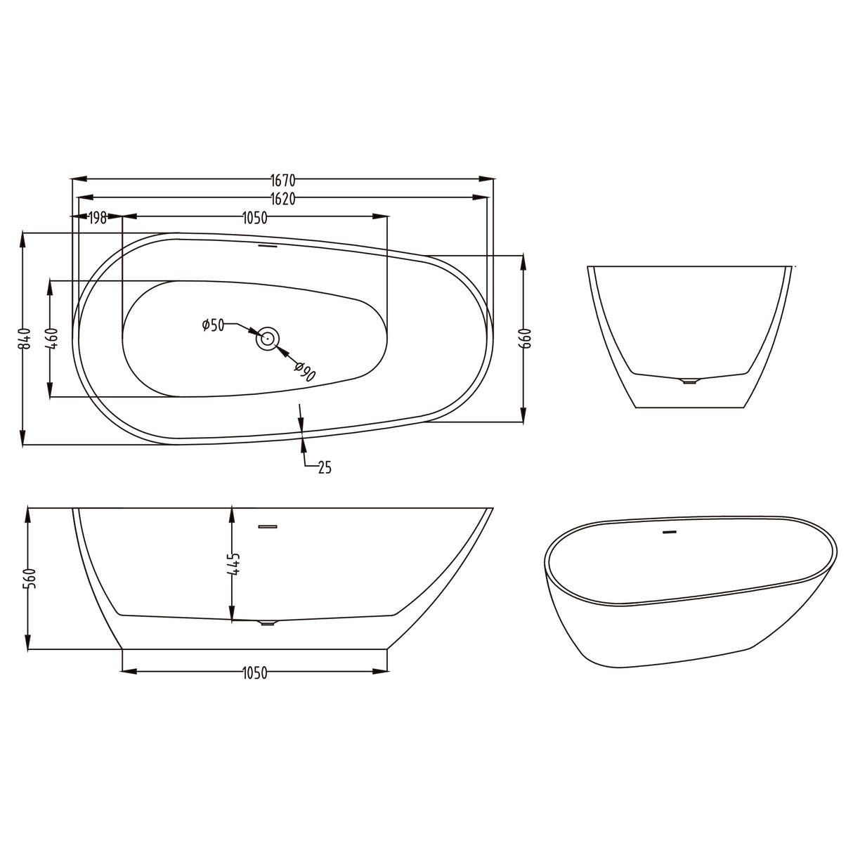 glasvilla Freistehende Badewanne Acryl Oval Acryl-Standbadewanne inkl. Pop Up Ablaufgarnitur Weiß