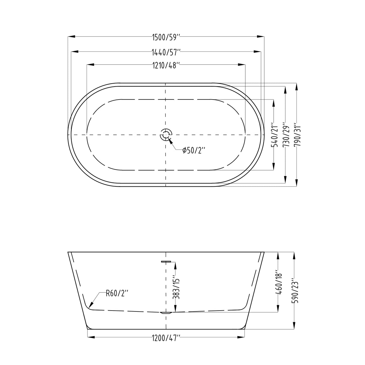glasvilla Freistehende Badewanne Acryl Oval Acryl-Standbadewanne inkl. Pop Up Ablaufgarnitur Weiß