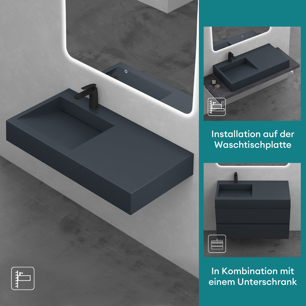 glasvilla Waschbecken Hängewaschbecken Aufsatzwaschbecken Mineralguss rechteckige Form Colossum11