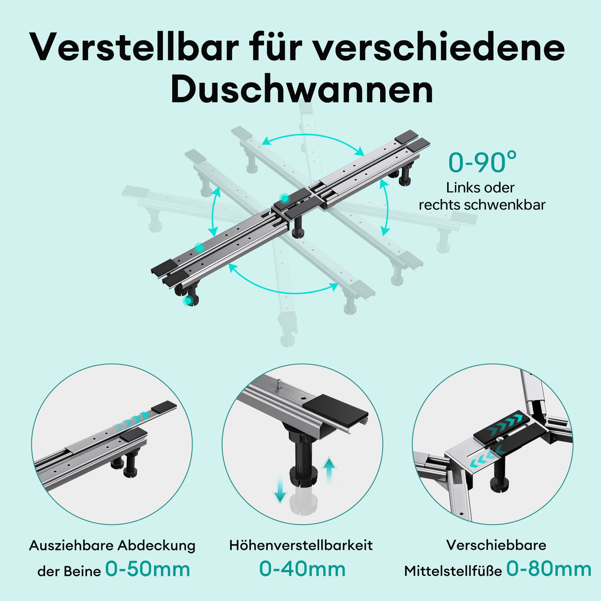 glasvilla Duschwannenfüße Duschwannenfuß Brausewannenfuß Montagefuß für Duschwannen in X-Form Duschwannengestell mit 5 Stellfüßen