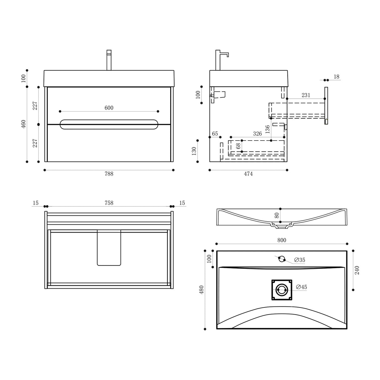 glasvilla Badmöbel-Set  Badezimmermöbel Waschbeckenunterschrank mit Softclose Schubladen inkl. Mineralguss Waschbecken Yoga