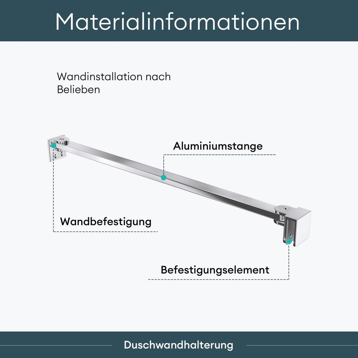 glasvilla Haltestange Duschwand Duschabtrennung Duschglaswand | Stabilisator für Walk in Dusche | um 180°schwenkbar für 6-10 mm Glasstärke
