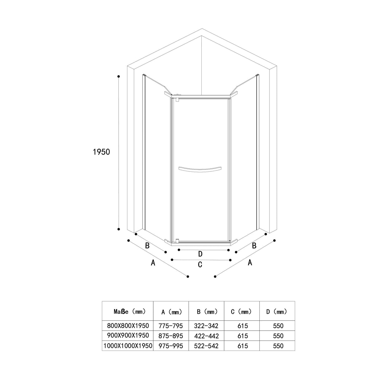 glasvilla Fünfeck-Duschkabine mit Duschtasse Duschwand Echtglas ebenerdige Montage möglich 8mm ESG Dusche Ravenna08