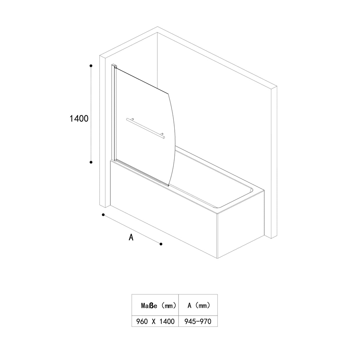glasvilla Duschwand für Badewanne Badewannenwand faltbar 180° Sicherheitsglas mit NANO 90x140cm Badewannentrennwand Badewannenaufsatz Cortona112