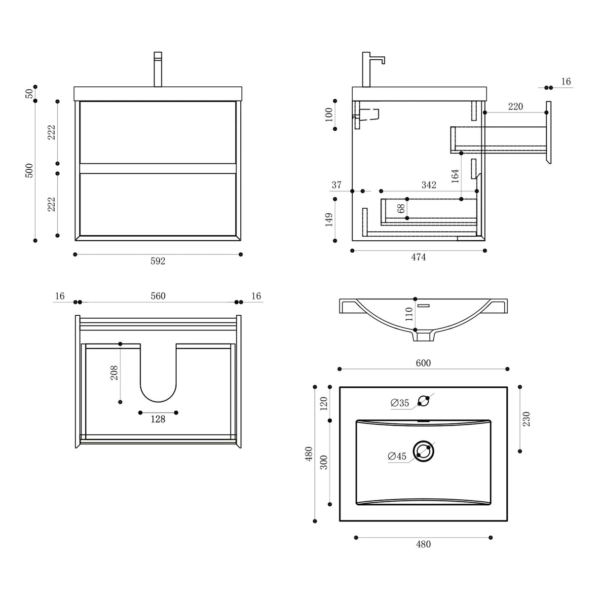 glasvilla Badmöbelset Badezimmermöbel Waschbeckenunterschrank 2 Schubladen mit Soft-Close inkl. Waschbecken in Weiß aus Mineralguss Rimo