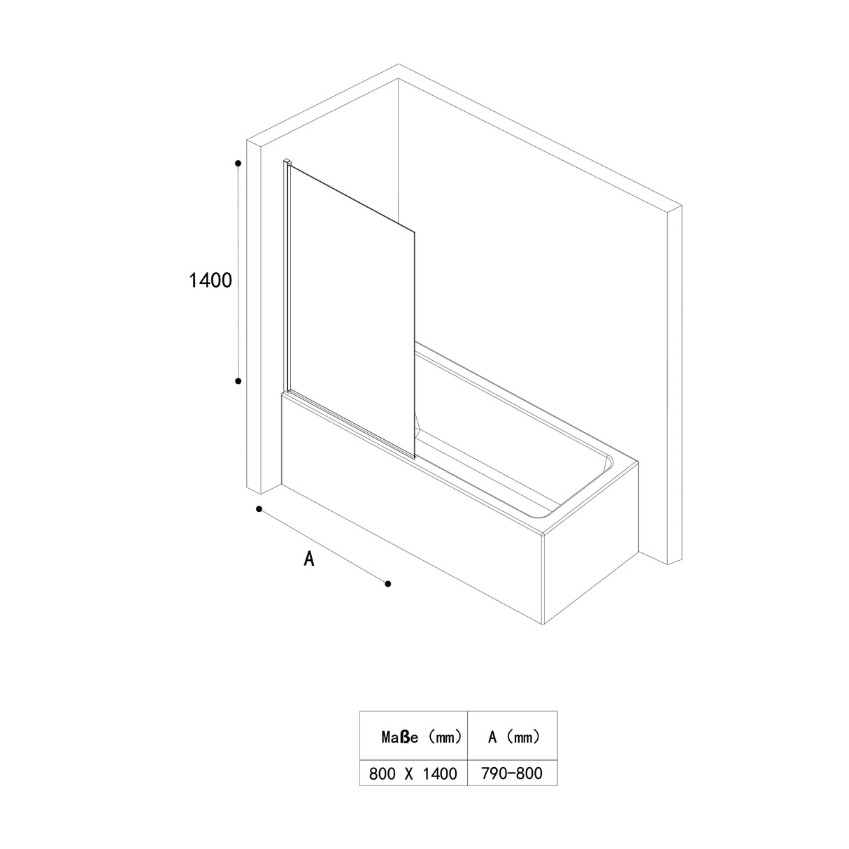 glasvilla Duschwand für Badewanne Badewannenwand Sicherheitsglas mit NANO-Versiegelung Badewannentrennwand Badewannenaufsatz 80x140cm Cortona201