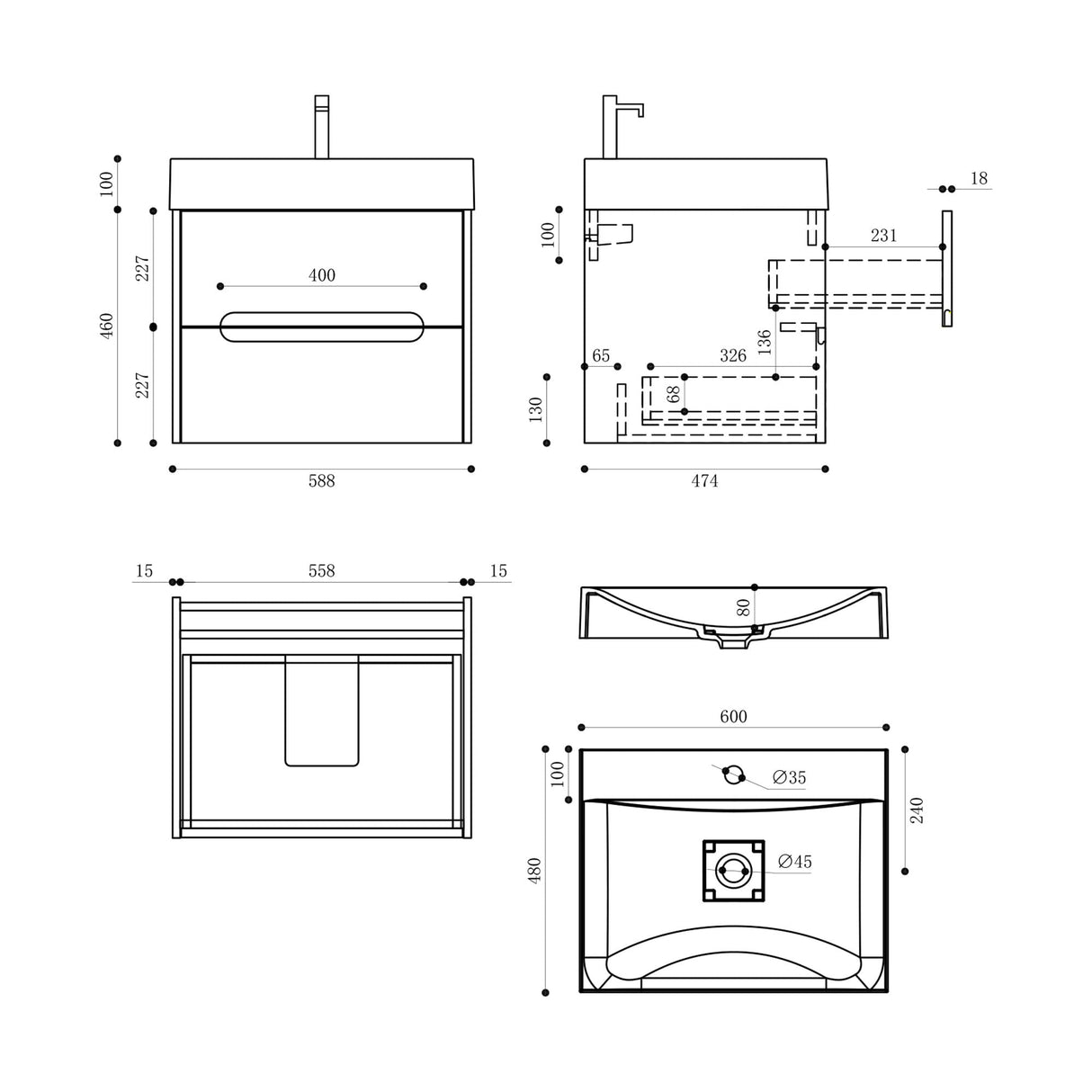 glasvilla Badmöbel-Set  Badezimmermöbel Waschbeckenunterschrank mit Softclose Schubladen inkl. Mineralguss Waschbecken Yoga