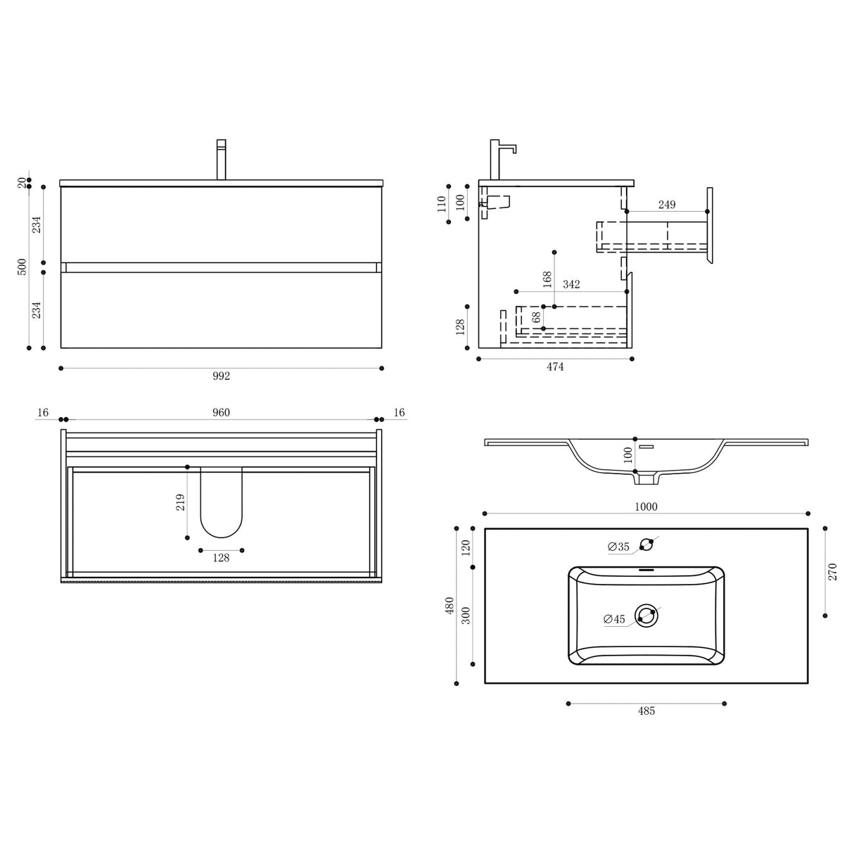 glasvilla Badmöbel-Set Waschtisch mit Unterschrank Mineralguss Waschbecken Waschbeckenunterschrank  2-Schubladen Soft-Close Aqualis