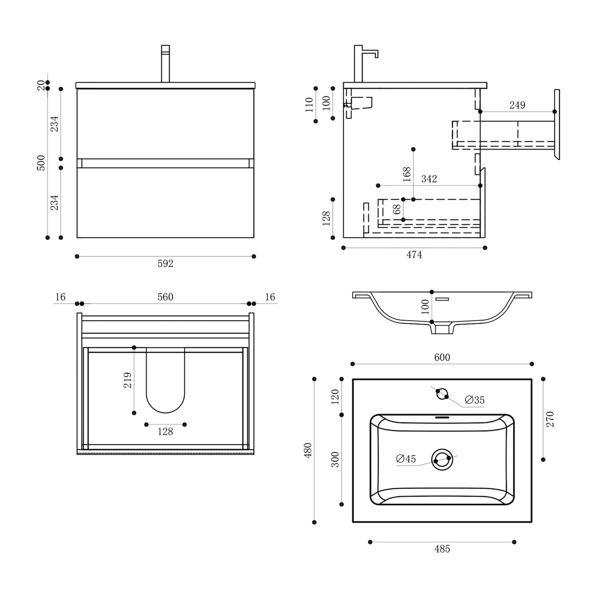 glasvilla Badmöbel-Set Waschtisch mit Unterschrank Mineralguss Waschbecken Waschbeckenunterschrank  2-Schubladen Soft-Close Aqualis