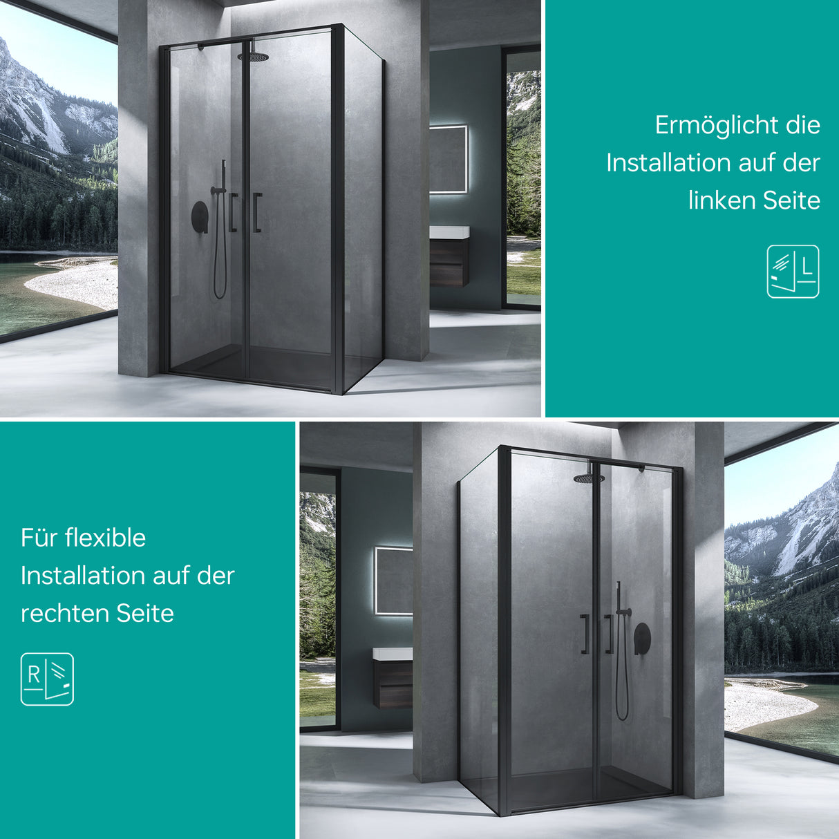 glasvilla Duschkabine Chrom und Schwarz Duschabtrennung mit Drehtür Hebe-Senk-Mechanismus 8mm ESG-Sicherheitsglas Nano-Beschichtung Ravenna66K