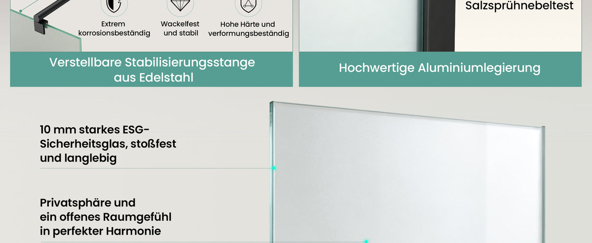 glasvilla Duschwand für Dusche Duschabtrennung Walk-In Dusche Duschtrennwand Schwarz 10mm ESG-Sicherheitsglas NANO Glas Vollsatiniert BRAM1/BRAM3 Bremen02VS