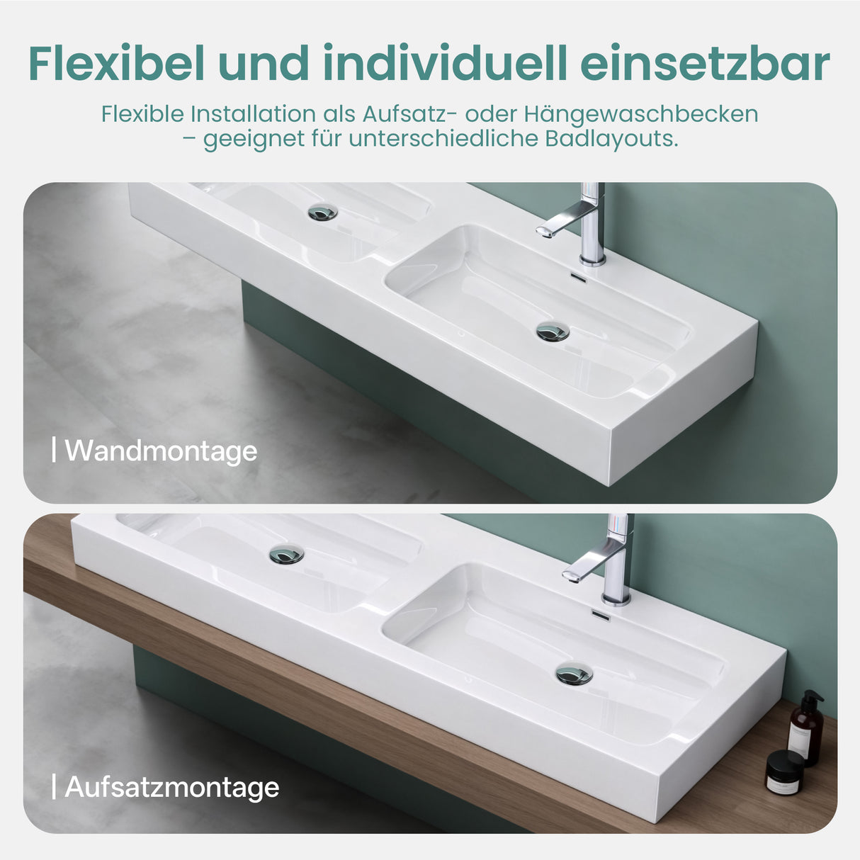 lavabo double Glasvilla, lavabo à poser, lavabo suspendu, lavabo en fonte minérale, meuble-lavabo Col830