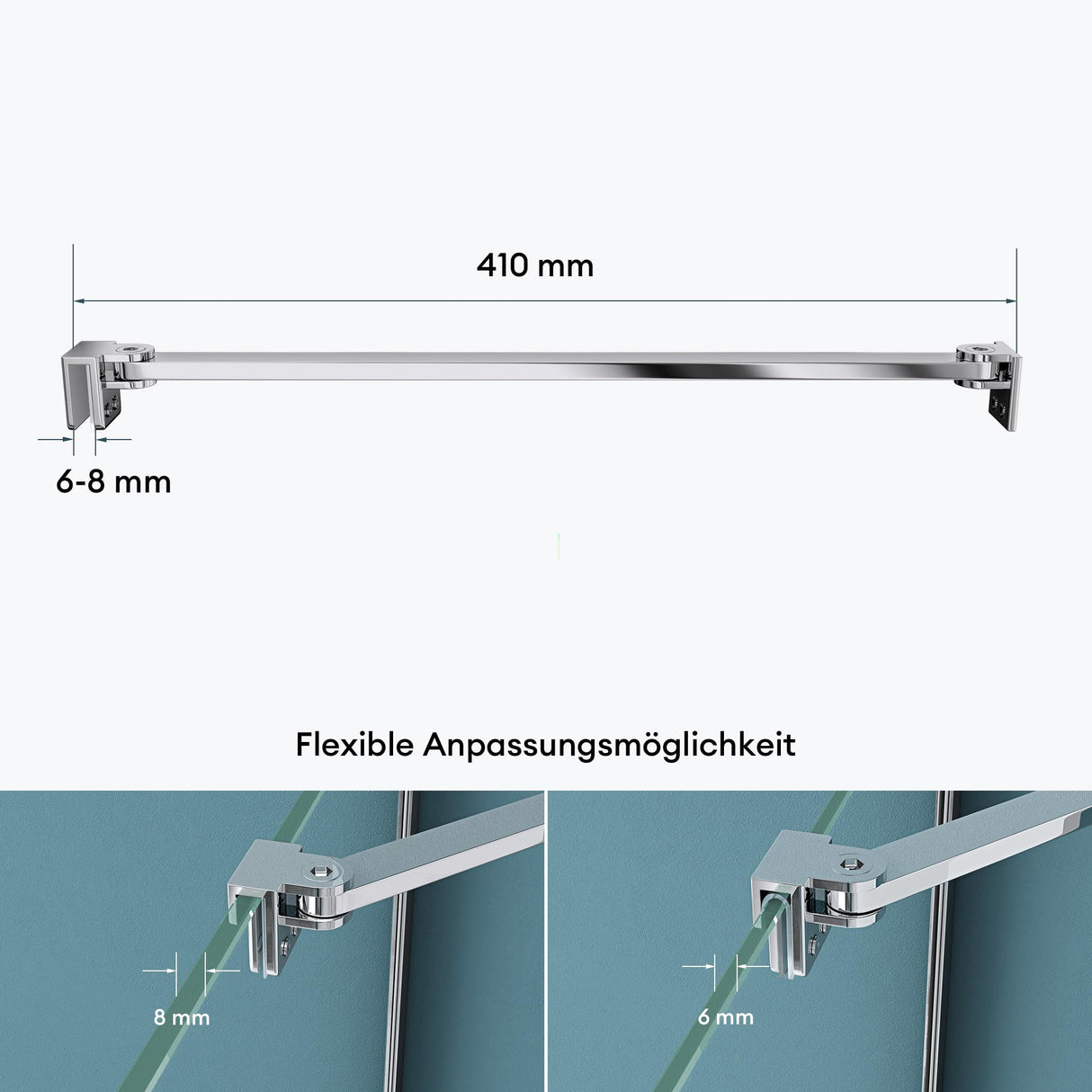 glasvilla Haltestange Duschwand Duschabtrennung Duschglaswand | Stabilisator für Walk in Dusche | um 180°schwenkbar für 6-10 mm Glasstärke