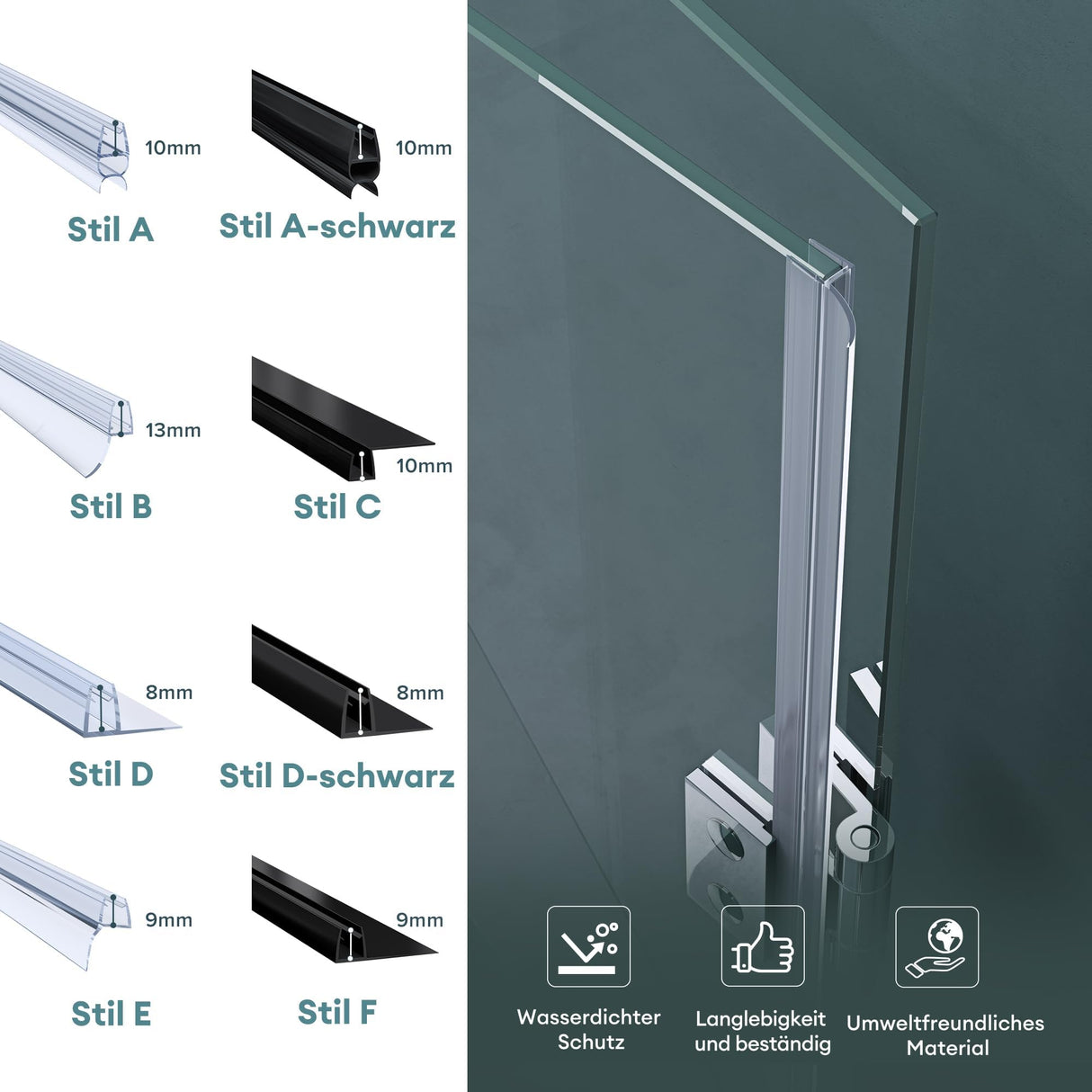 glasvilla Duschdichtung Duschlippe | Duschtürdichtung 6mm - 8mm Glasstärke | Ersatzdichtung Duschtür Duschwand gerade