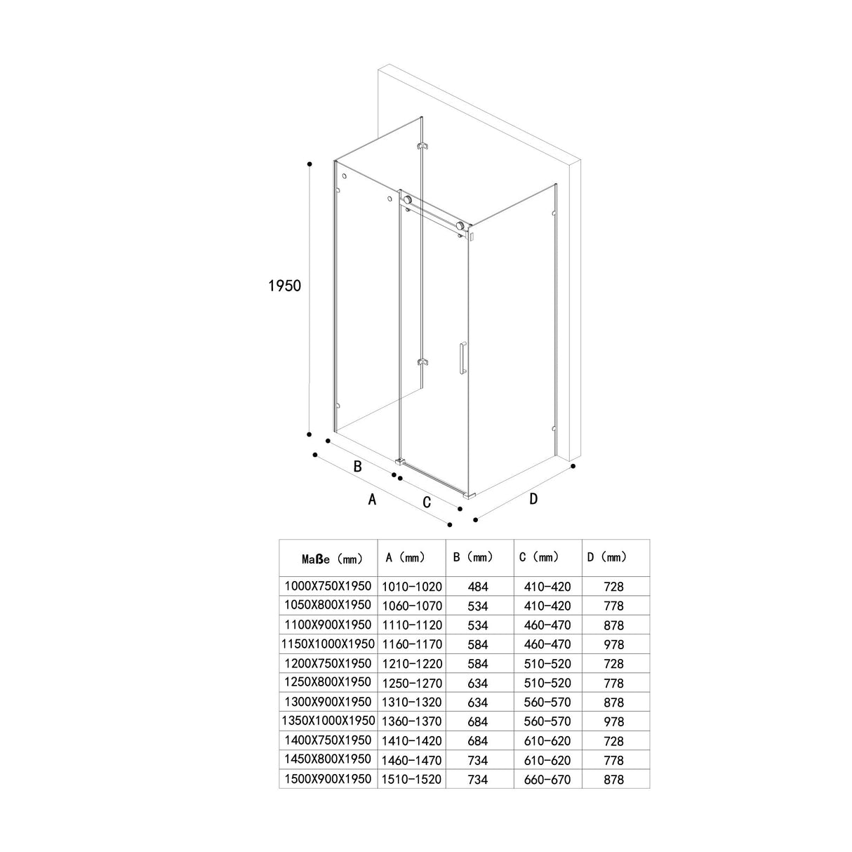 glasvilla U-Form Duschkabine Rahmenlos 195cm Schiebetür Duschabtrennung 8mm ESG Nano Klarglas 4-Punkt Halterung Duschwand Rav17-2UK