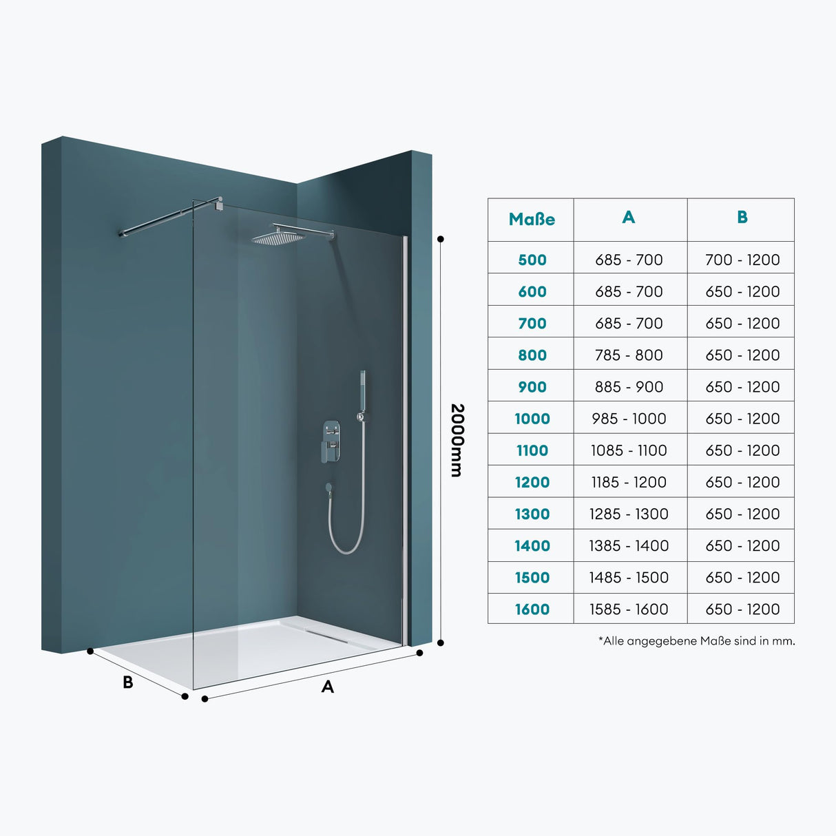 glasvilla Duschwand für Dusche Duschabtrennung Walk-In ESG-Sicherheitsglas 8mm NANO Glas BRAM1 & BRAM3 Bremen1K