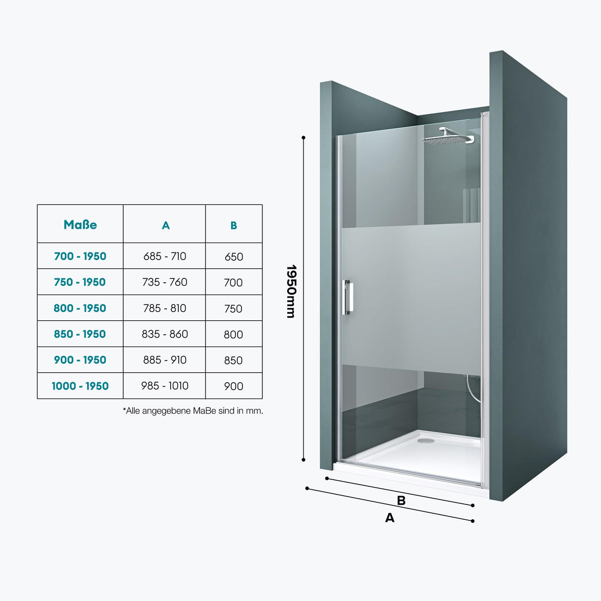 glasvilla Duschtür Nischentür Dusche Duschabtrennung Duschkabine Schwingtür 180° ESG-Sicherheitsglas mit Hebe- und Senkmechanismus Klarglas und Satiniert Streifen Teramo24K+MS D Neu