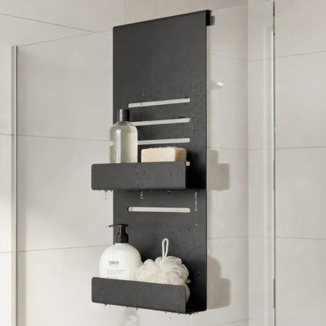 glasvilla Duschablage zum Hängen, Duschregal Ohne Bohren für Glasduschtüren, Hängeregal mit 2 Etagen und 3 Haken, Badezimmer Organizer  Oryne-01