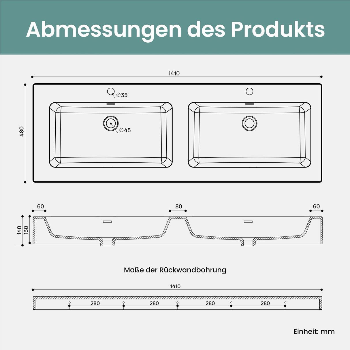 lavabo double Glasvilla, lavabo à poser, lavabo suspendu, lavabo en fonte minérale, meuble-lavabo Col830