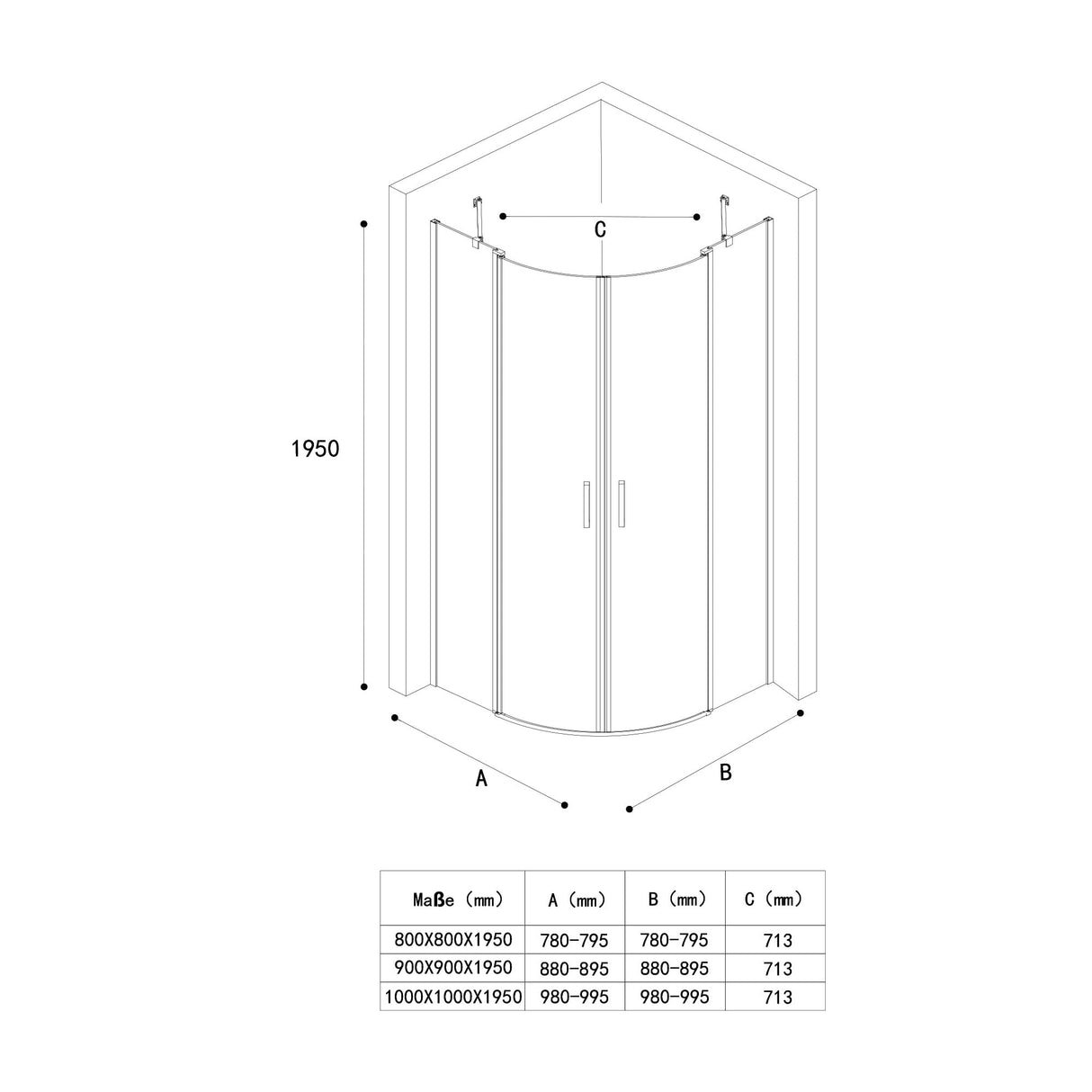 glasvilla Duschabtrennung Viertelkreis mit 2 Drehtüren Dusche ESG-Sicherheitsglas Nano-Beschichtung Ravenna52K