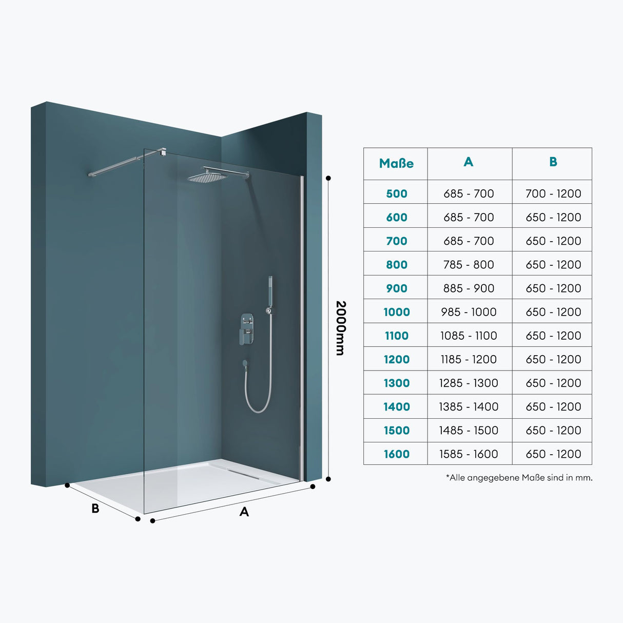 glasvilla Duschwand für Dusche Duschabtrennung Walk-In ESG-Sicherheitsglas 8mm NANO Glas BRAM1 & BRAM3 Bremen1K