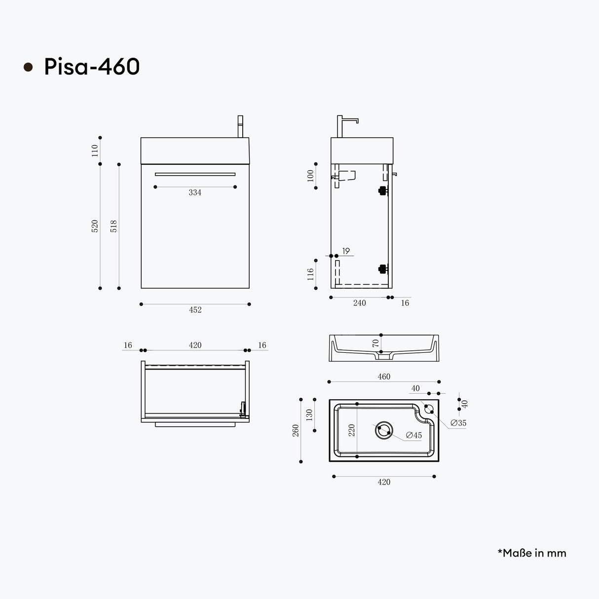 glasvilla Badmöbelset Badezimmermöbel Waschbeckenunterschrank inkl. Waschbecken Anthrazit matt und LED-Badspiegel BxTxH 46x26x63 cm Pisa