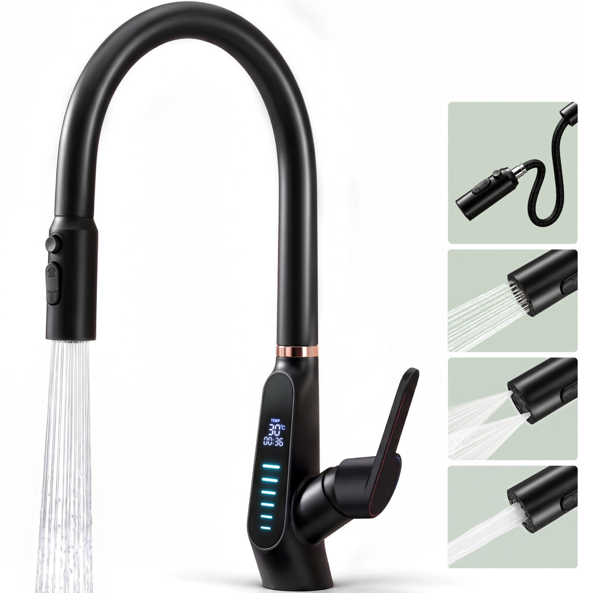 Grifo de Cocina Glasvilla MS-8085 Extraíble 360° con 3 Modos de Chorro y Pantalla LED