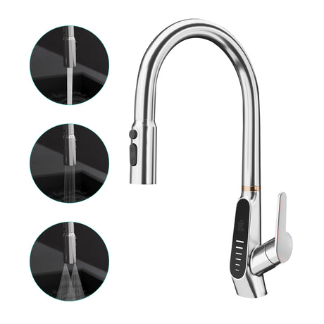 glasvilla Wasserhahn Küche Küchenamatur ausziehbar 360° drehbar 3 Wasserstrahl-Modi LED-Digitalanzeige Küchenwasserhahn Spültischarmatur MS-8085