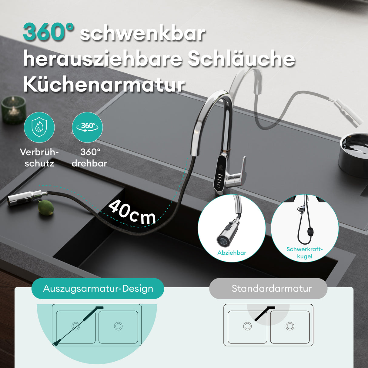 glasvilla Wasserhahn Küche Küchenamatur ausziehbar 360° drehbar 3 Wasserstrahl-Modi LED-Digitalanzeige Küchenwasserhahn Spültischarmatur MS-8085