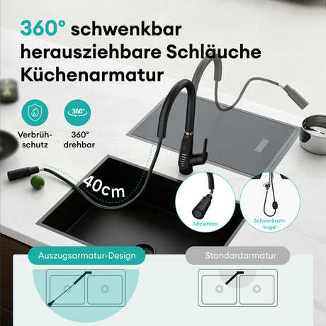 glasvilla Wasserhahn Küche Küchenarmatur ausziehbar 360° drehbar 3 Wasserstrahl-Modi LED-Digitalanzeige Küchenwasserhahn Spültischarmatur MS-8085