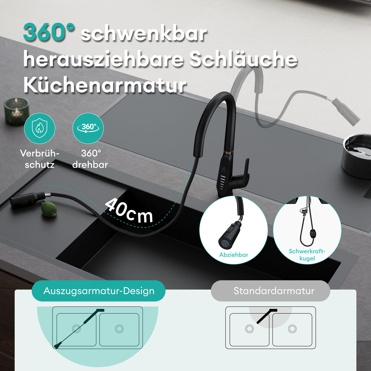 glasvilla Wasserhahn Küche Küchenamatur ausziehbar 360° drehbar 3 Wasserstrahl-Modi LED-Digitalanzeige Küchenwasserhahn Spültischarmatur MS-8085