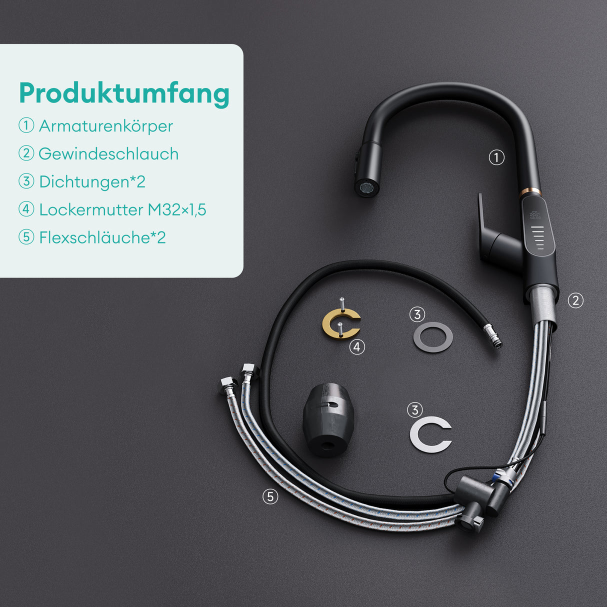 glasvilla Wasserhahn Küche Küchenamatur ausziehbar 360° drehbar 3 Wasserstrahl-Modi LED-Digitalanzeige Küchenwasserhahn Spültischarmatur MS-8085