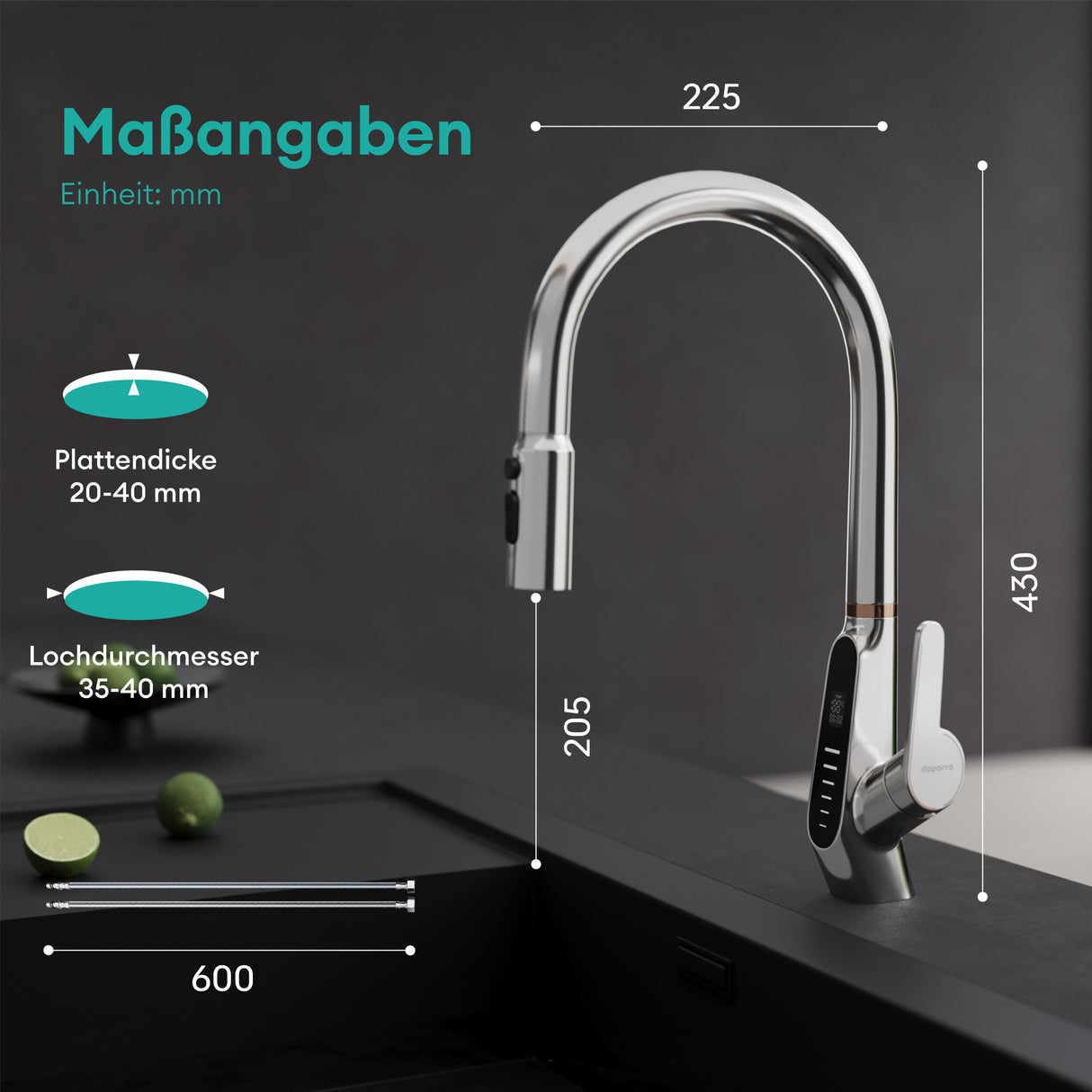 glasvilla Wasserhahn Küche Küchenamatur ausziehbar 360° drehbar 3 Wasserstrahl-Modi LED-Digitalanzeige Küchenwasserhahn Spültischarmatur MS-8085