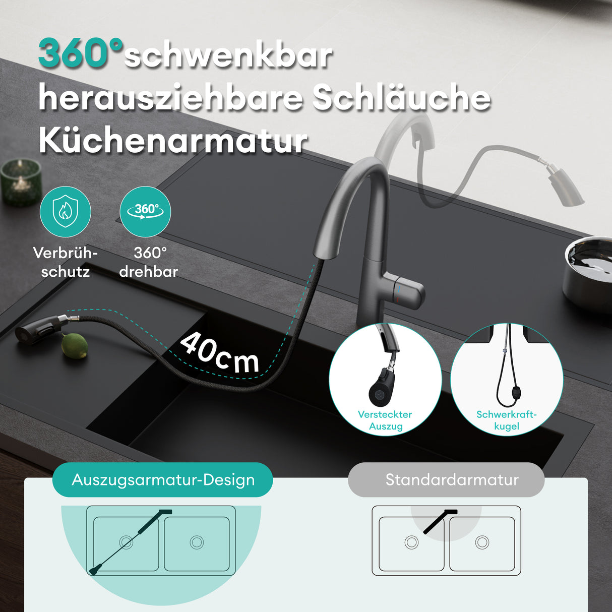 glasvilla Wasserhahn Küche Spültischarmatur Küchenamatur Mischbatterie mit Einhebelmischer 360° Schwenkbar Küchenwasserhahn aus Messing MS-8095