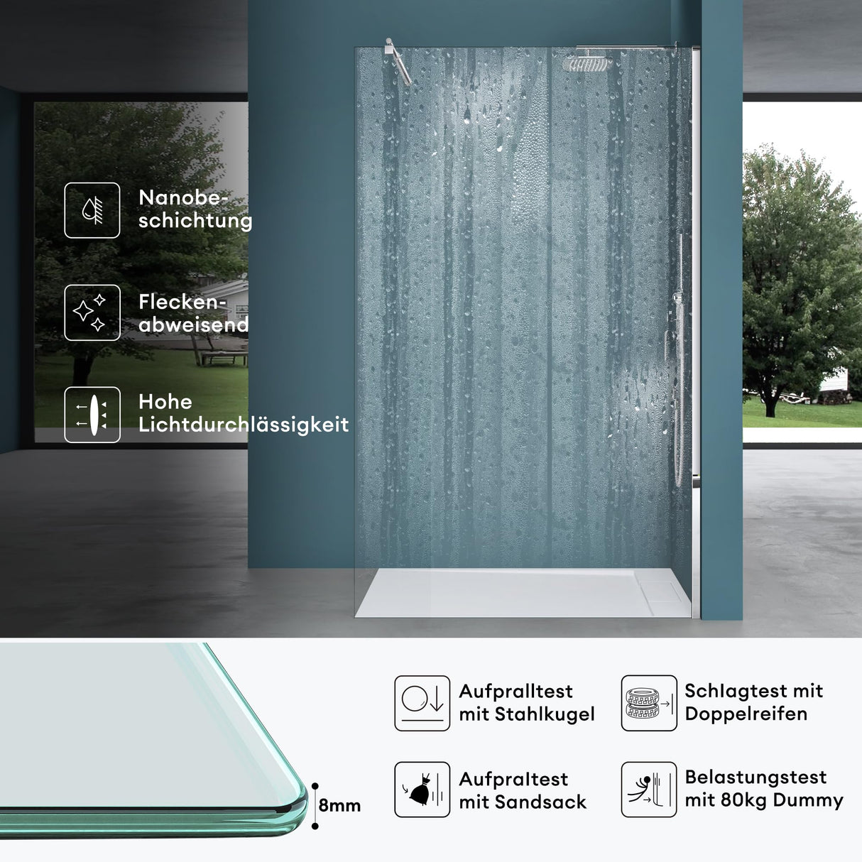 glasvilla Duschwand für Dusche Duschabtrennung Walk-In Dusche ESG-Sicherheitsglas 10mm NANO Glas Bremen2K