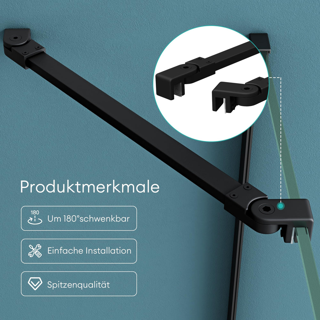 glasvilla Haltestange Duschwand Duschabtrennung Duschglaswand | Stabilisator für Walk in Dusche | um 180°schwenkbar für 6-10 mm Glasstärke