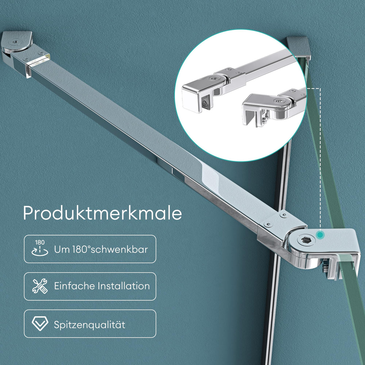 glasvilla Haltestange Duschwand Duschabtrennung Duschglaswand | Stabilisator für Walk in Dusche | um 180°schwenkbar für 6-10 mm Glasstärke