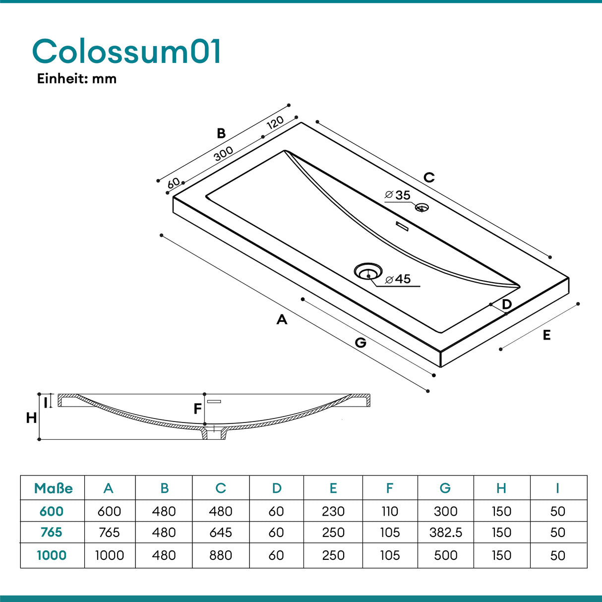 glasvilla Waschbecken Einbauwaschbecken Waschschale Waschtisch Mineralguss Rechteckig 1 Armaturenloch Überlauf-Funktion Col01
