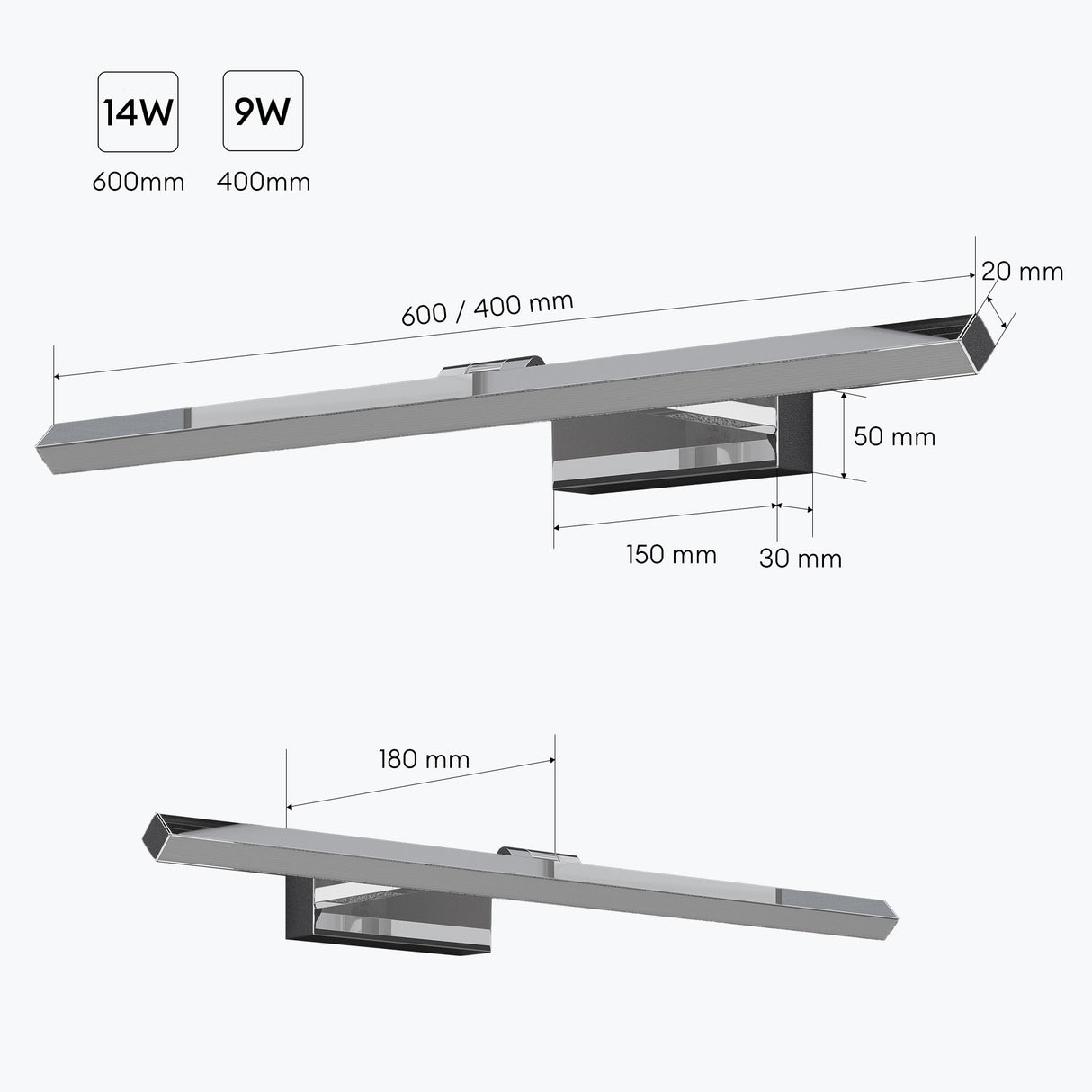 glasvilla Spiegelleuchte  LED Badlampe | Spiegellampe, 4000K Badezimmer Lampe | 180° Drehbar  9W Strahlenschön