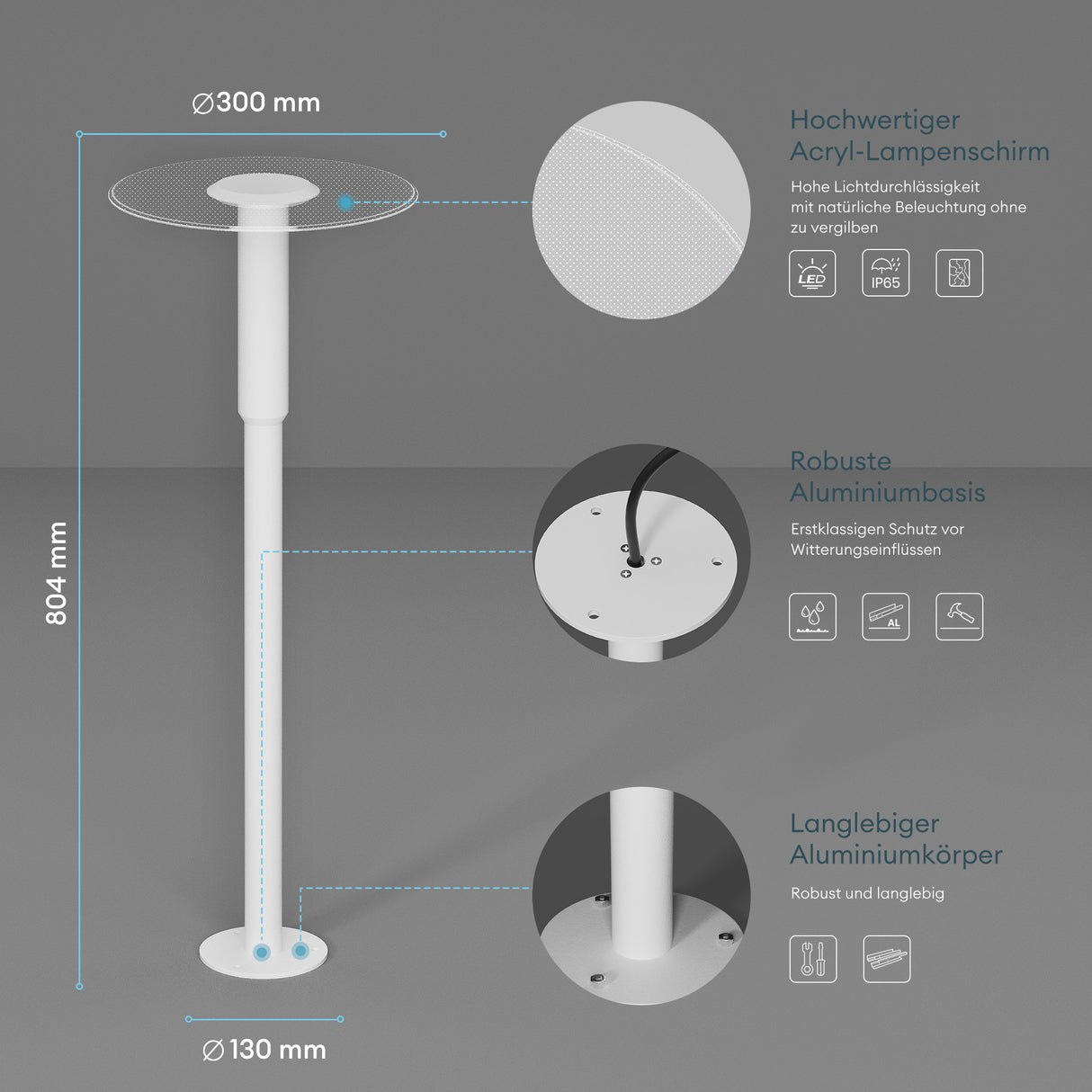 glasvilla Außenleuchte ⌀300xH804mm IP65 Wegeleuchte Außen | Pollerleuchte für Garten, 3000K Stehlampe Gartenlampe | Außenlampe Standleuchte 6W StellaeLights