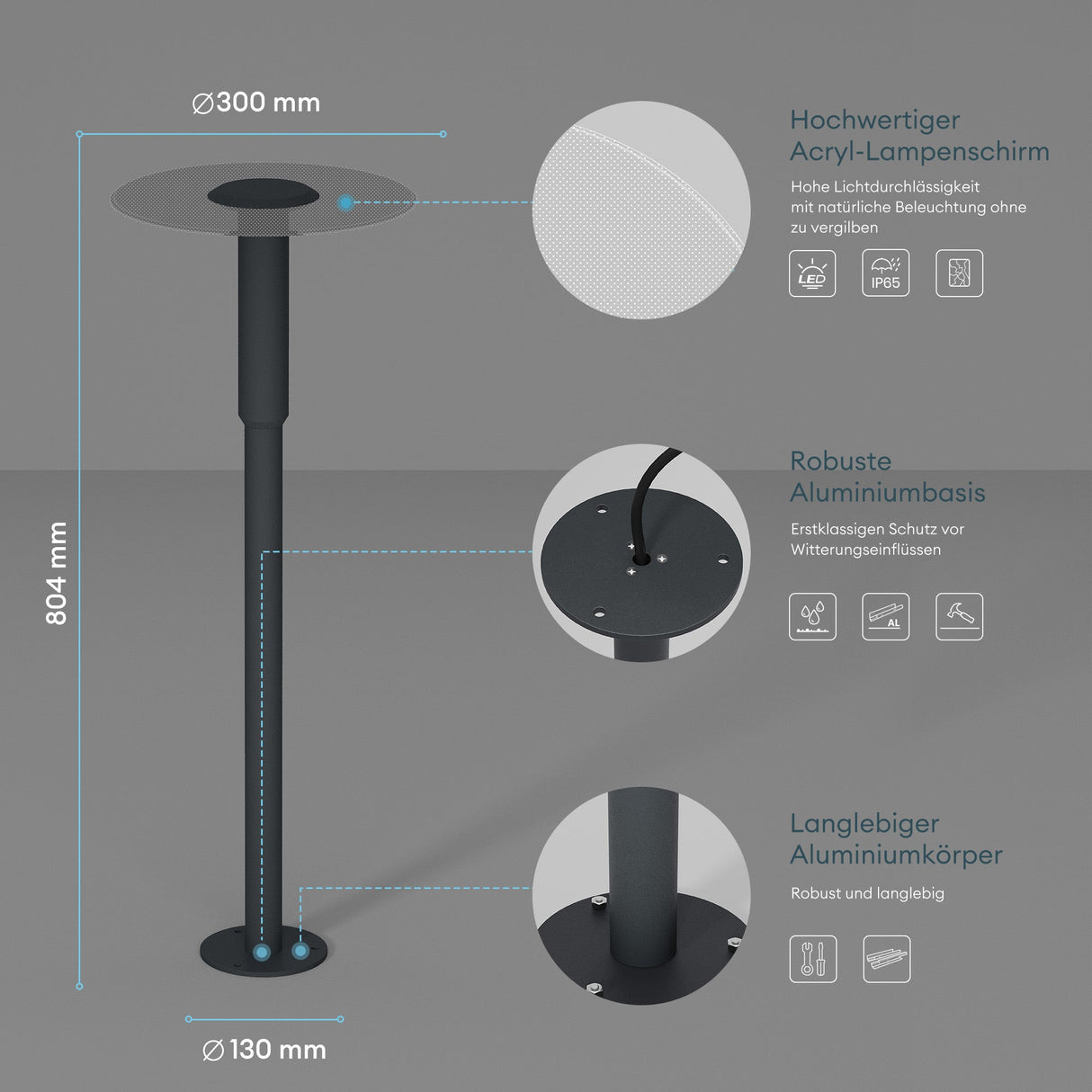 glasvilla Außenleuchte ⌀300xH804mm IP65 Wegeleuchte Außen | Pollerleuchte für Garten, 3000K Stehlampe Gartenlampe | Außenlampe Standleuchte 6W StellaeLights